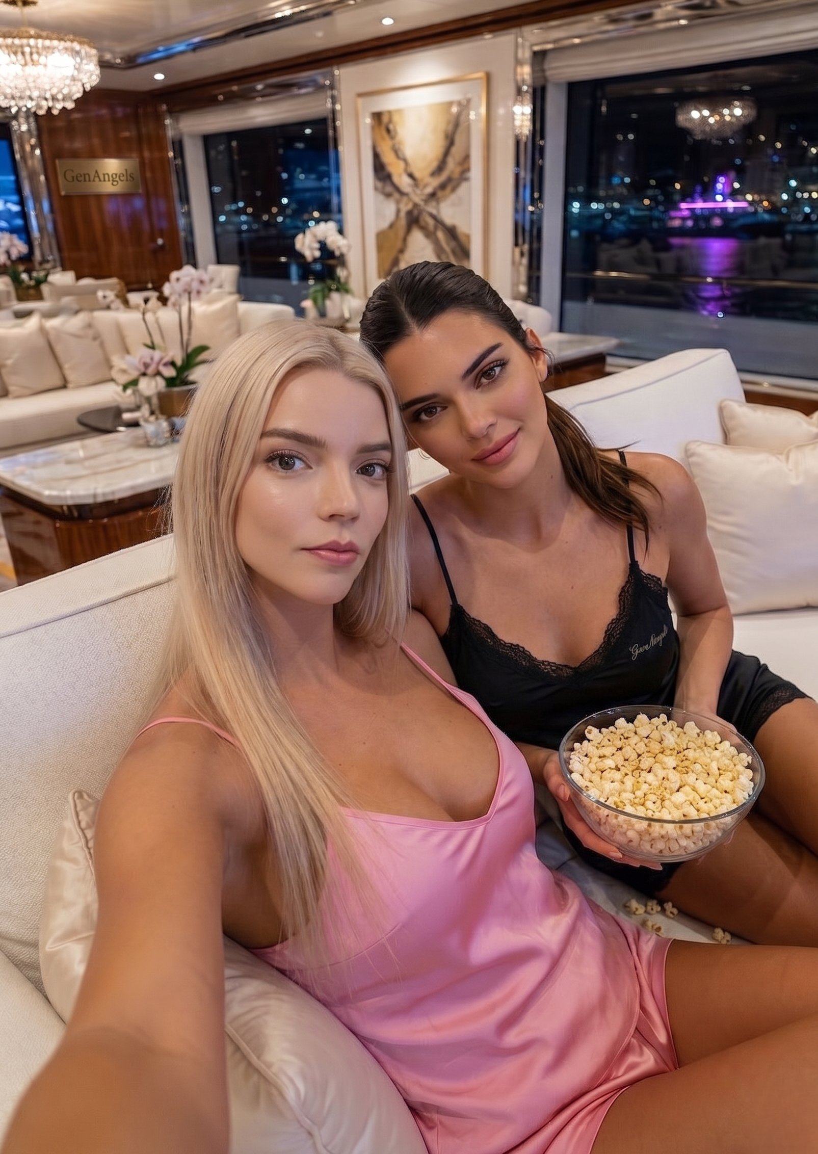 Yacht Interior Selfie Night City Lights Popcorn – A scene featuring the woman in the uploaded reference image (DO NOT TO