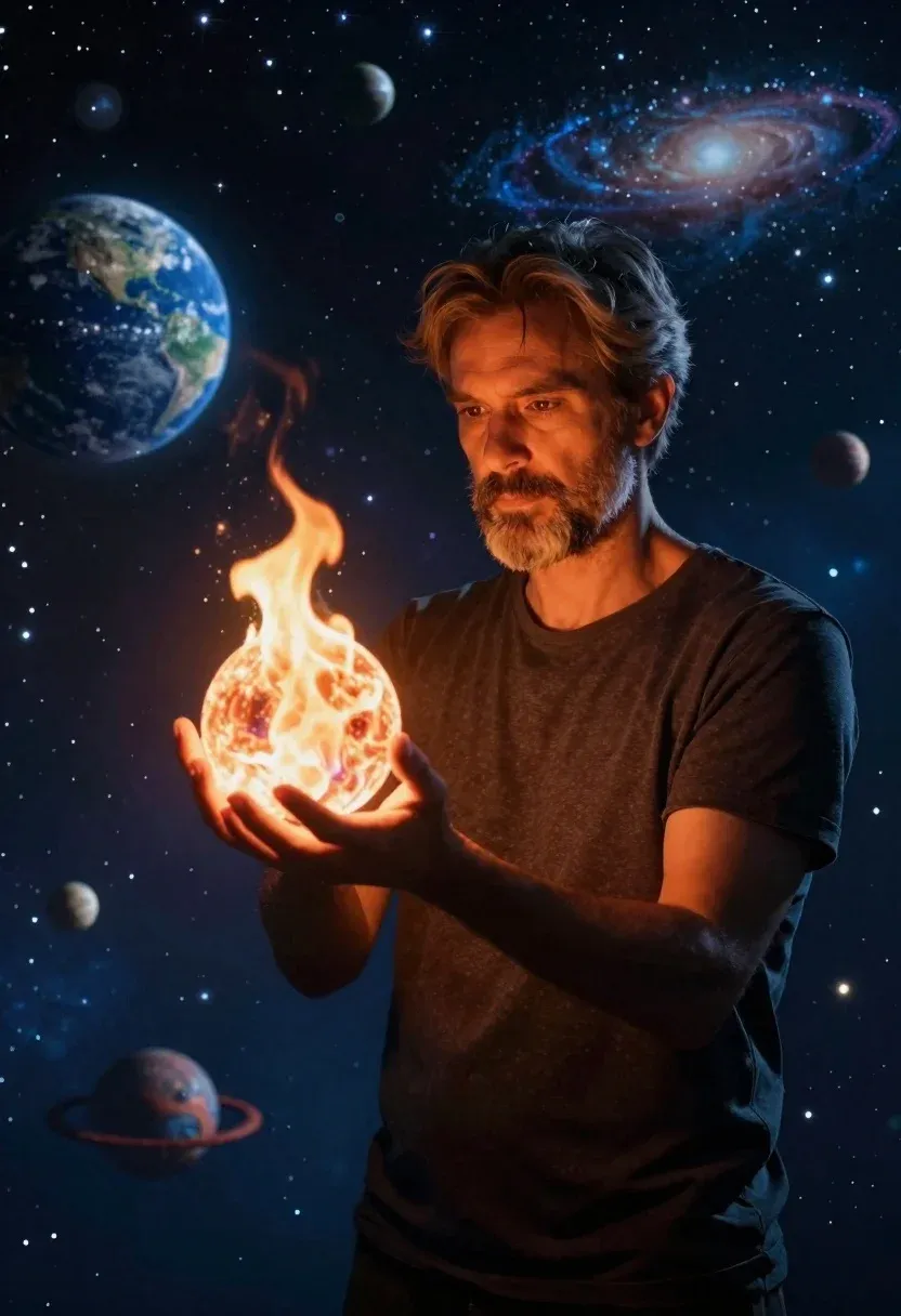 Man With Graying Hair And Beard Stands Against Starry Cosmic