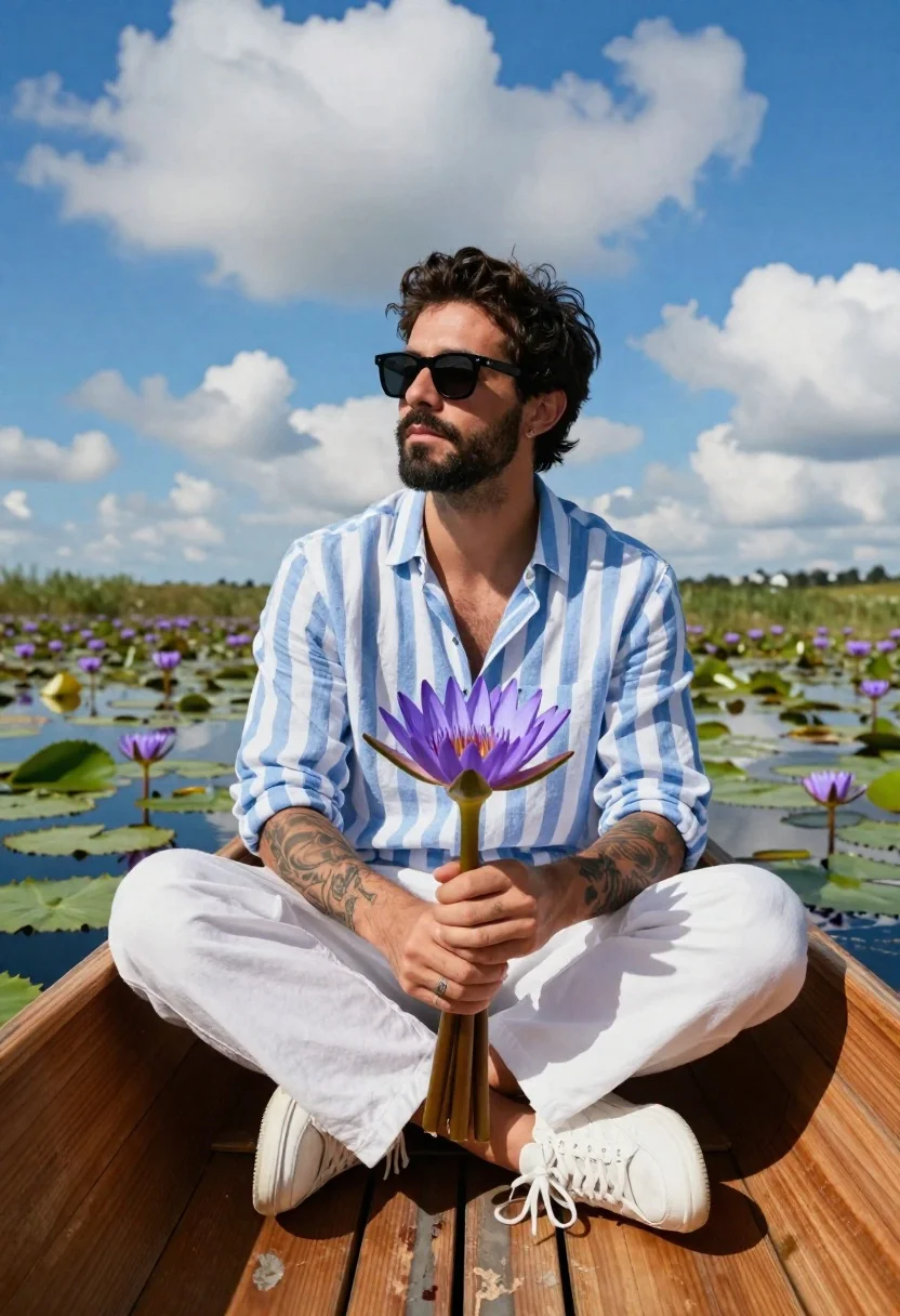 Man Sits Wooden Boat Holding Bouquet Purple Water Lilies Under