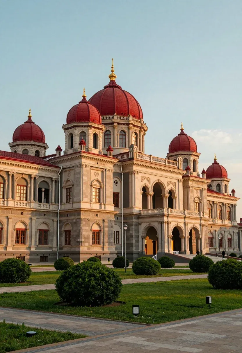 Majestic Palace Complex Featuring Ornate Architecture With Red Domes And