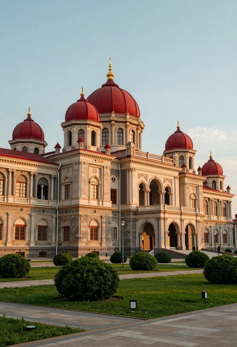 A majestic palace complex with red domes and golden spires under a soft sky, surrounded by green landscape.