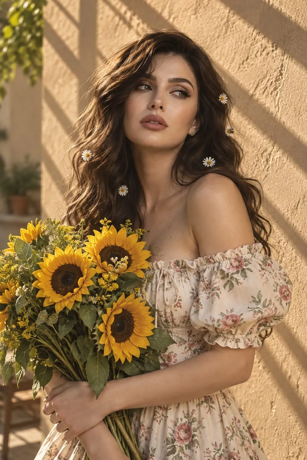Cream Milkmaid Dress With Sunflowers