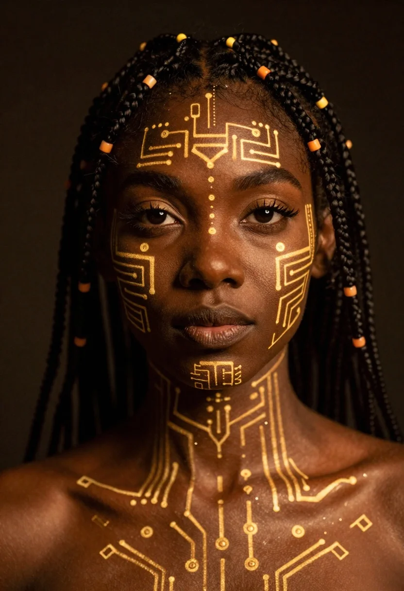 Portrait Woman With Glowing Golden Circuitry Patterns Her Skin And reference photo