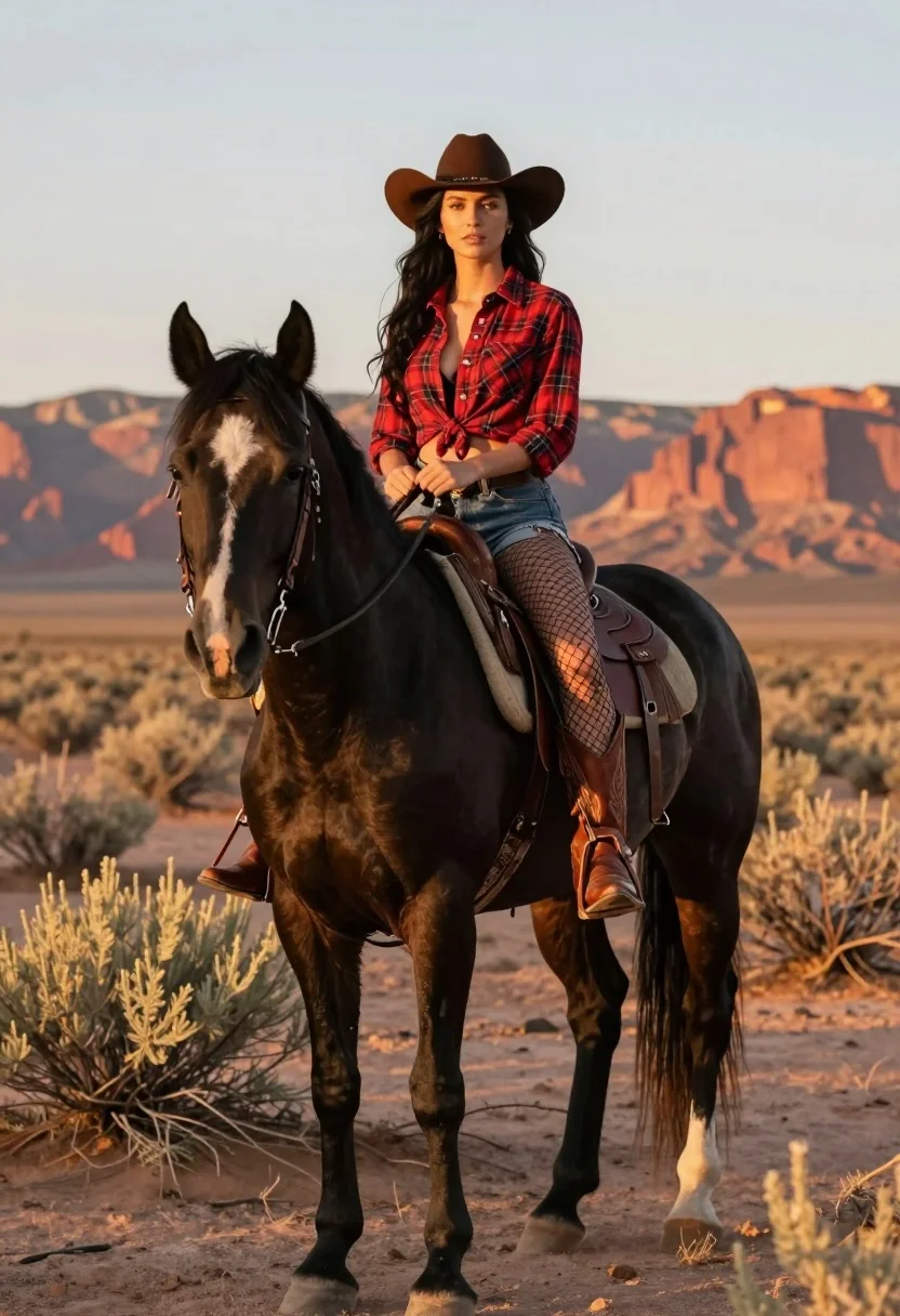 A woman riding a majestic black horse through a golden desert landscape during sunset, warm light accentuating textures.
