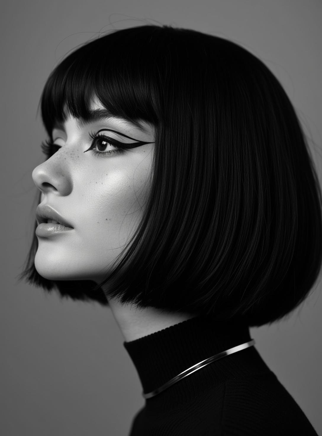 Photorealistic Black And White Medium Shot Portrait Young Woman Profile