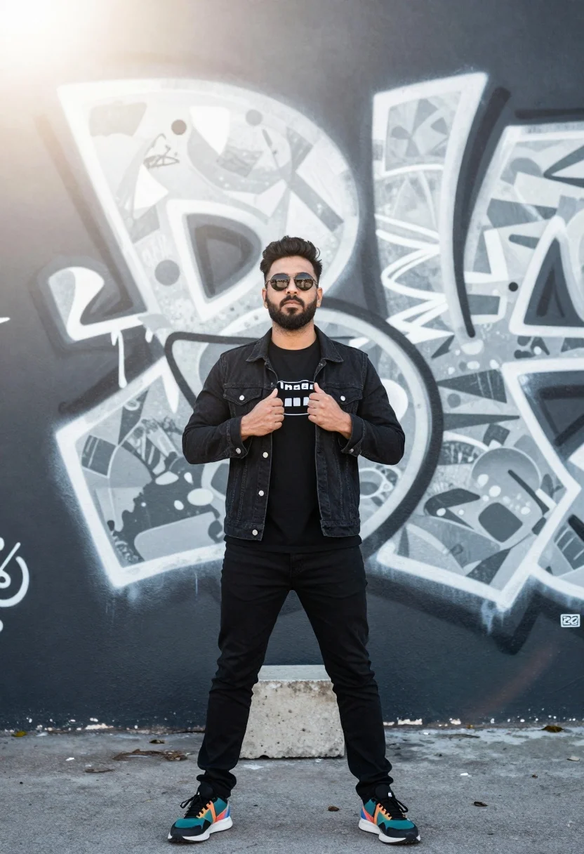 Full-body Shot Man Standing Confidently Front Large Mural Wall Subject
