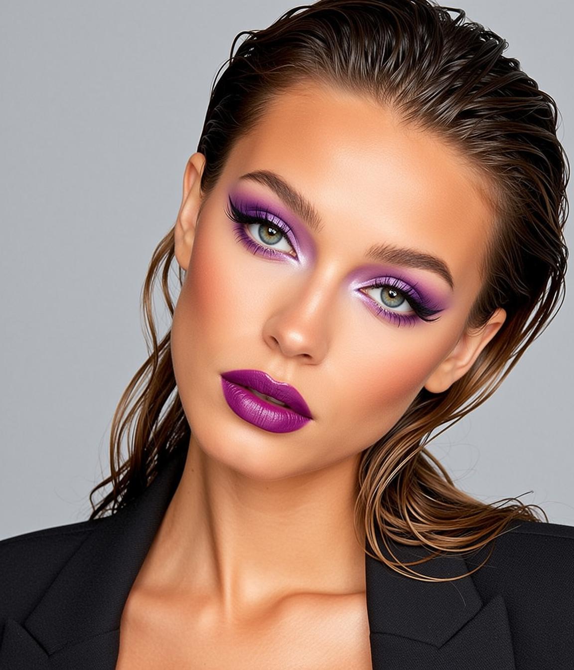 Photorealistic Portrait Young Woman With Striking Purple Eye Makeup Featuring