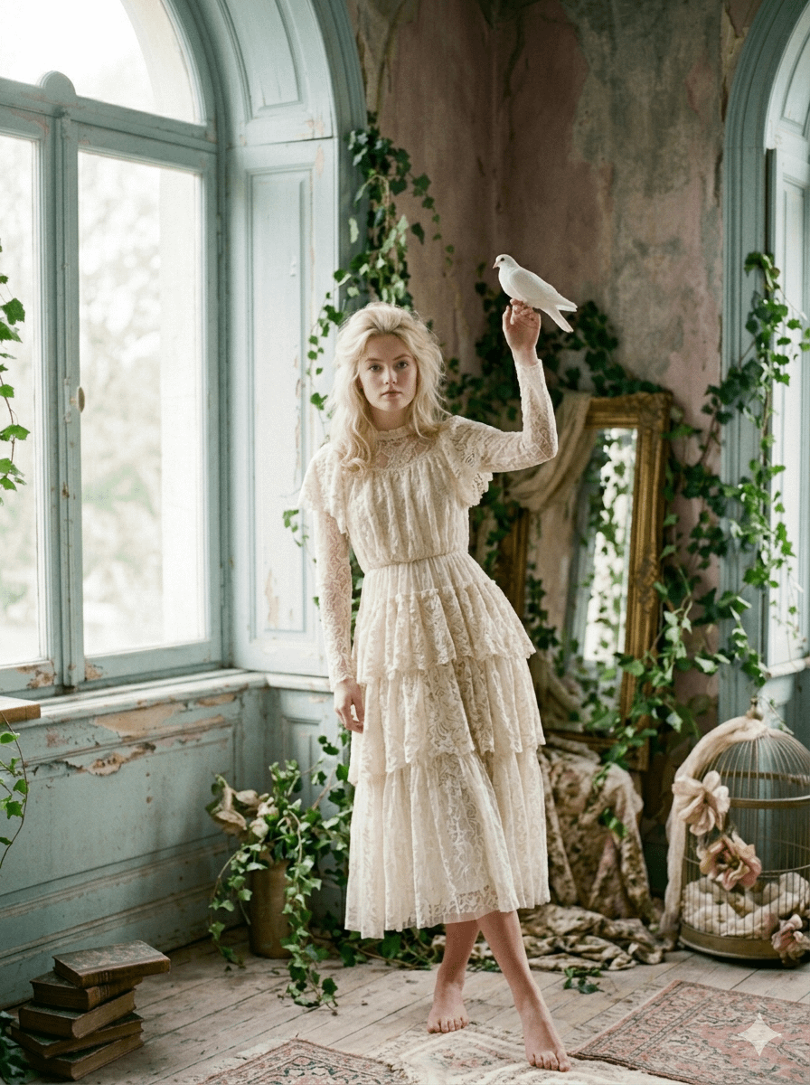 Sunlit Decaying Room Lace Dress White Dove Antique Books