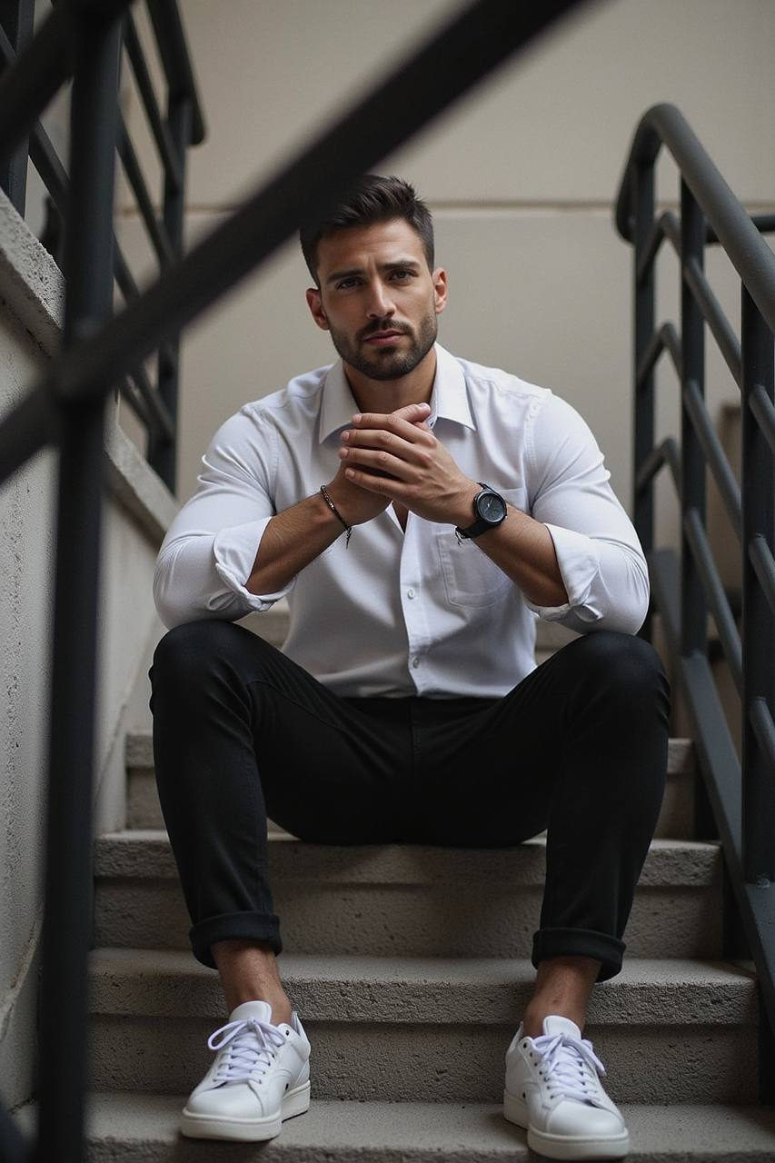 A man in a crisp button-up shirt sitting on gray concrete stairs, framed by metal railings, gazing intensely at the camera.