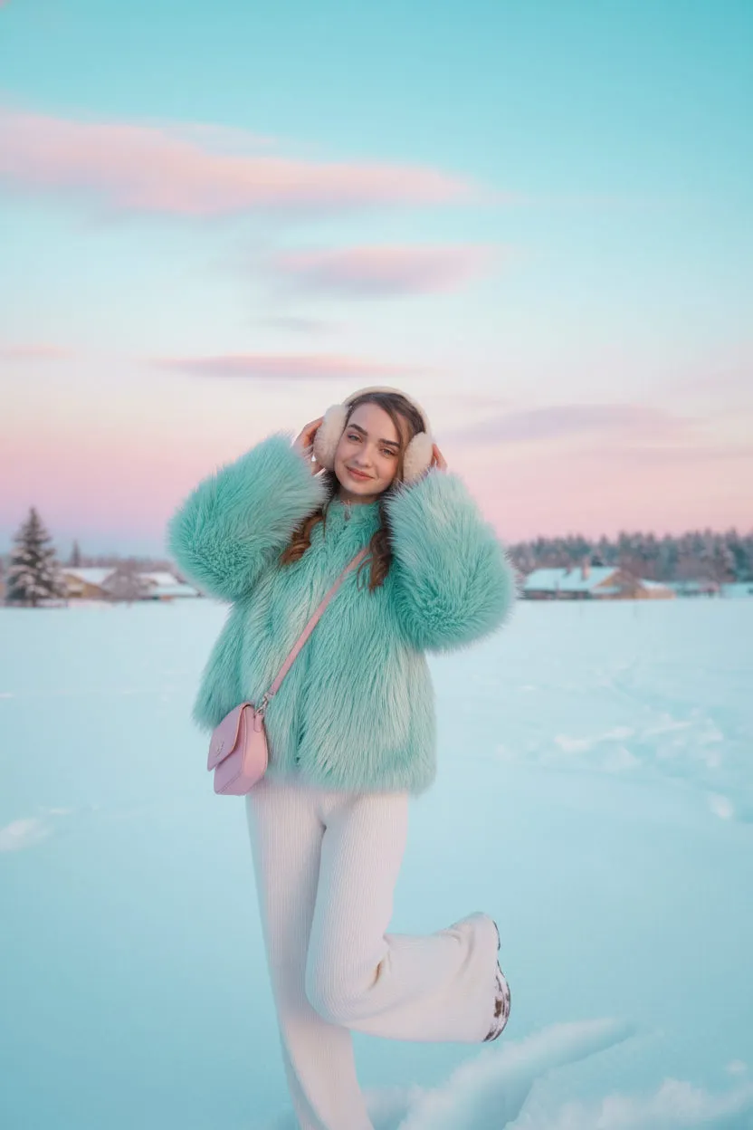 Aqua Fur Jacket Sunset Snow