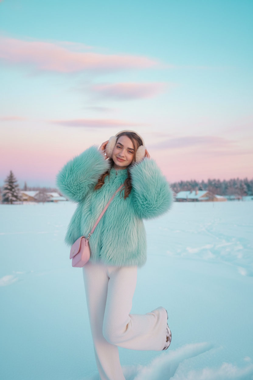 A joyful woman in a pastel aqua faux-fur jacket stands playfully on a snowy field at sunset, adjusting her earmuffs.