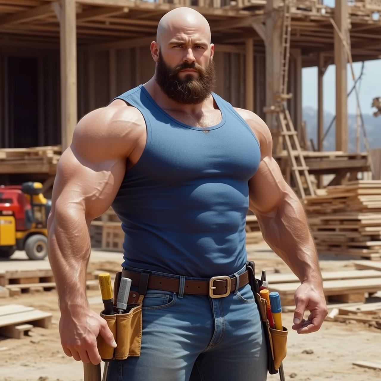 Muscular Bald Full Beard Fair Blue Tank