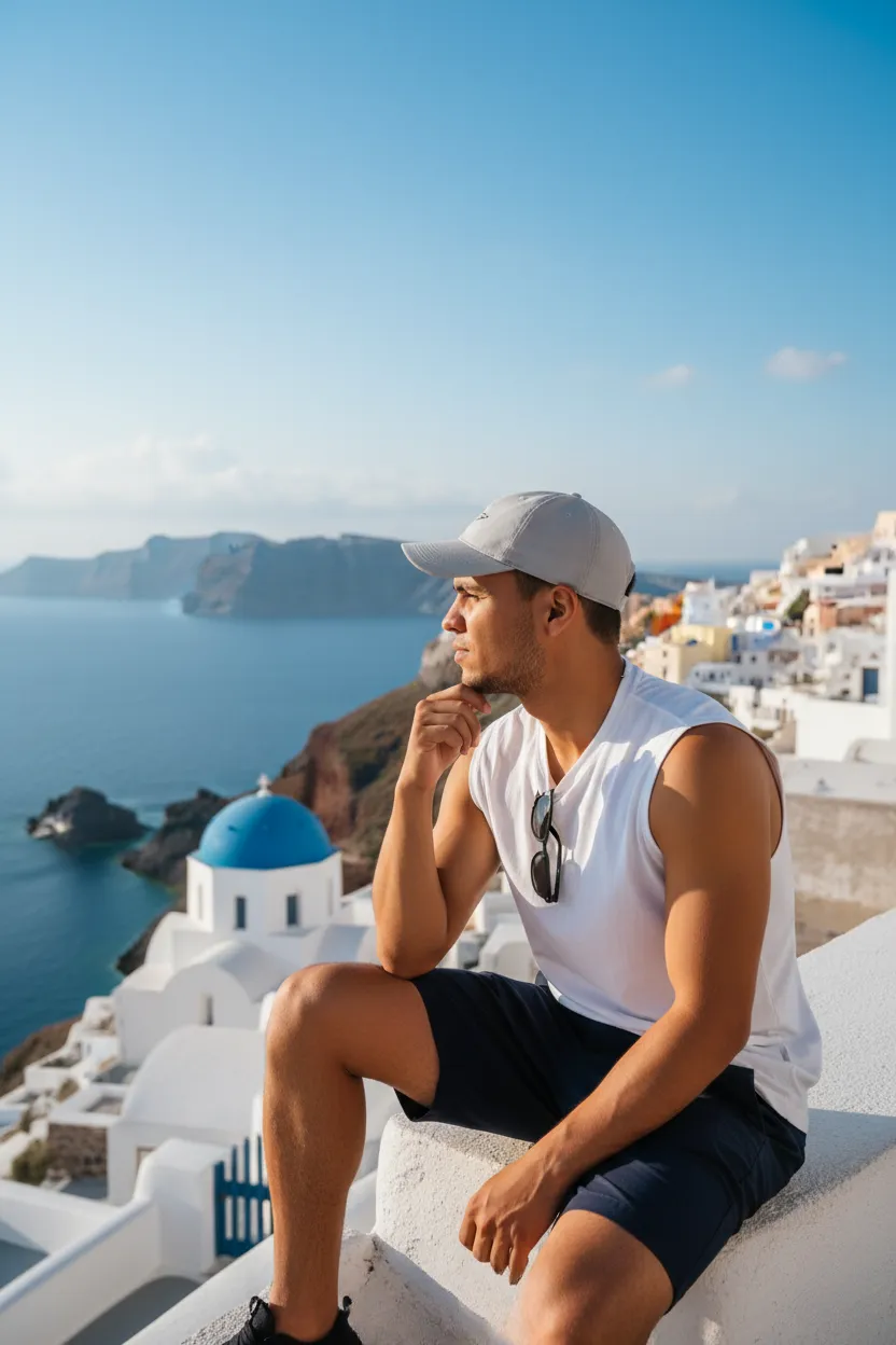 Man Contemplates Santorini View Editorial Portrait