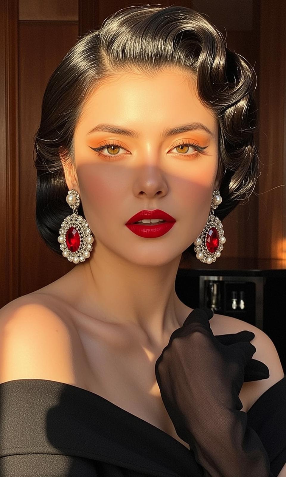 Ornate Earrings Dark Cabinet Woman
