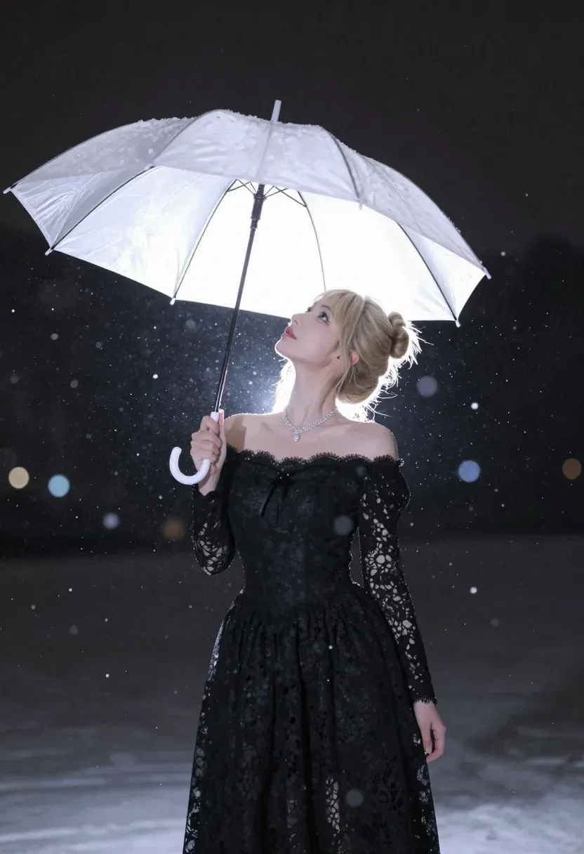 Woman Stands Under White Umbrella Dark Snowy Night Scene Subject