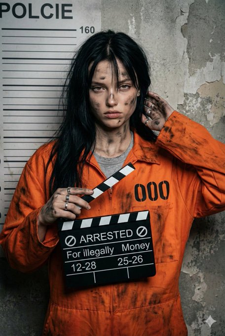 A serious woman in a bright orange prisoner jumpsuit stands in a grungy room, holding a clapperboard and making eye contact.