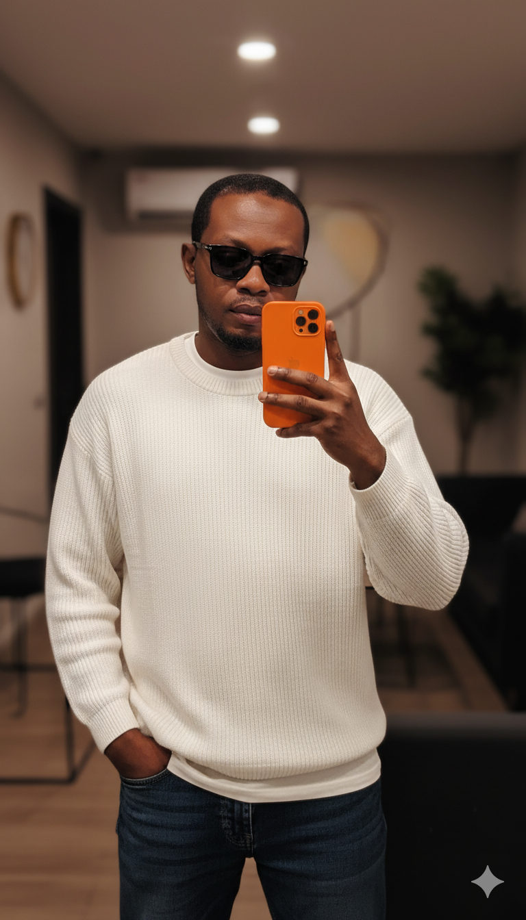 A stylish man in a loose sweater and crisp T-shirt holding an orange iPhone 17, set in warm indoor lighting.