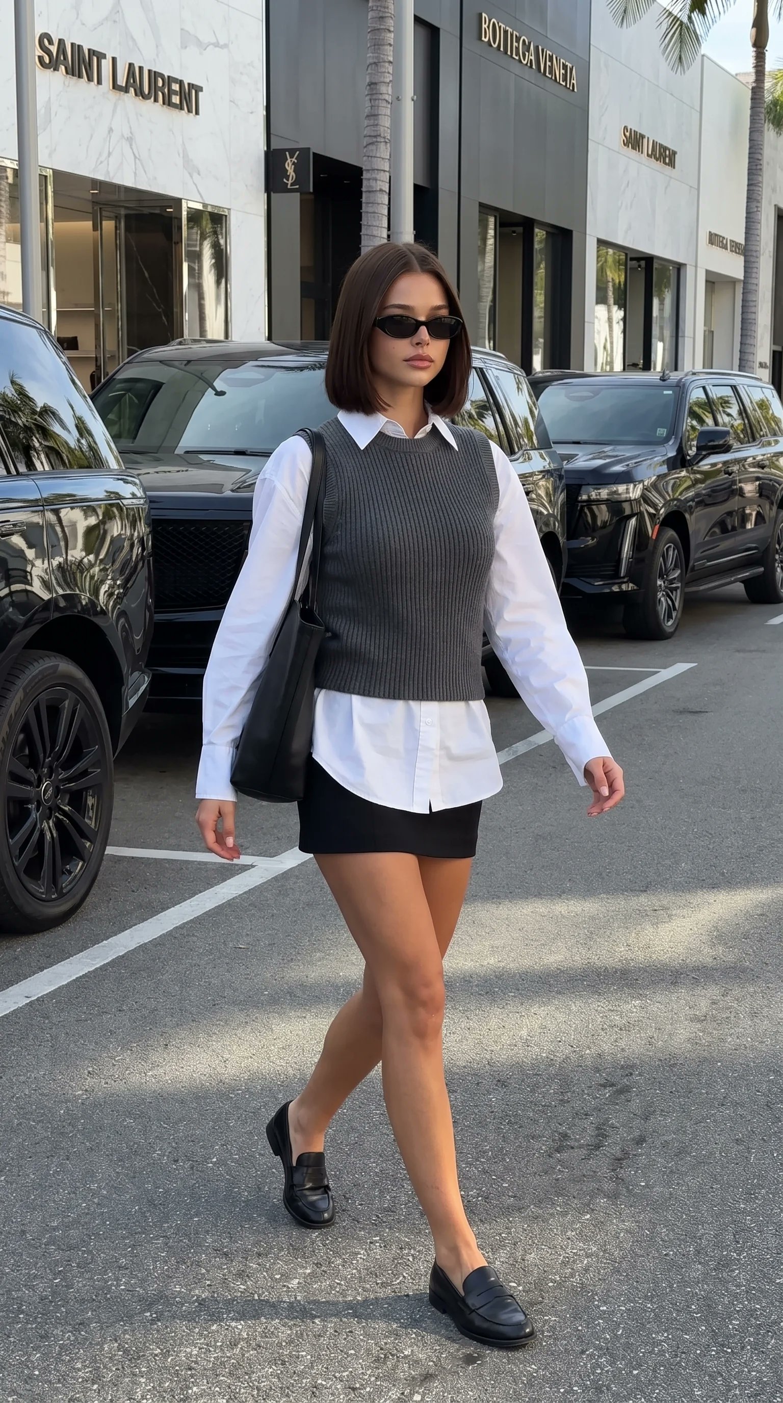 Walking Upscale Plaza White Shirt Sweater Vest Mini Skirt