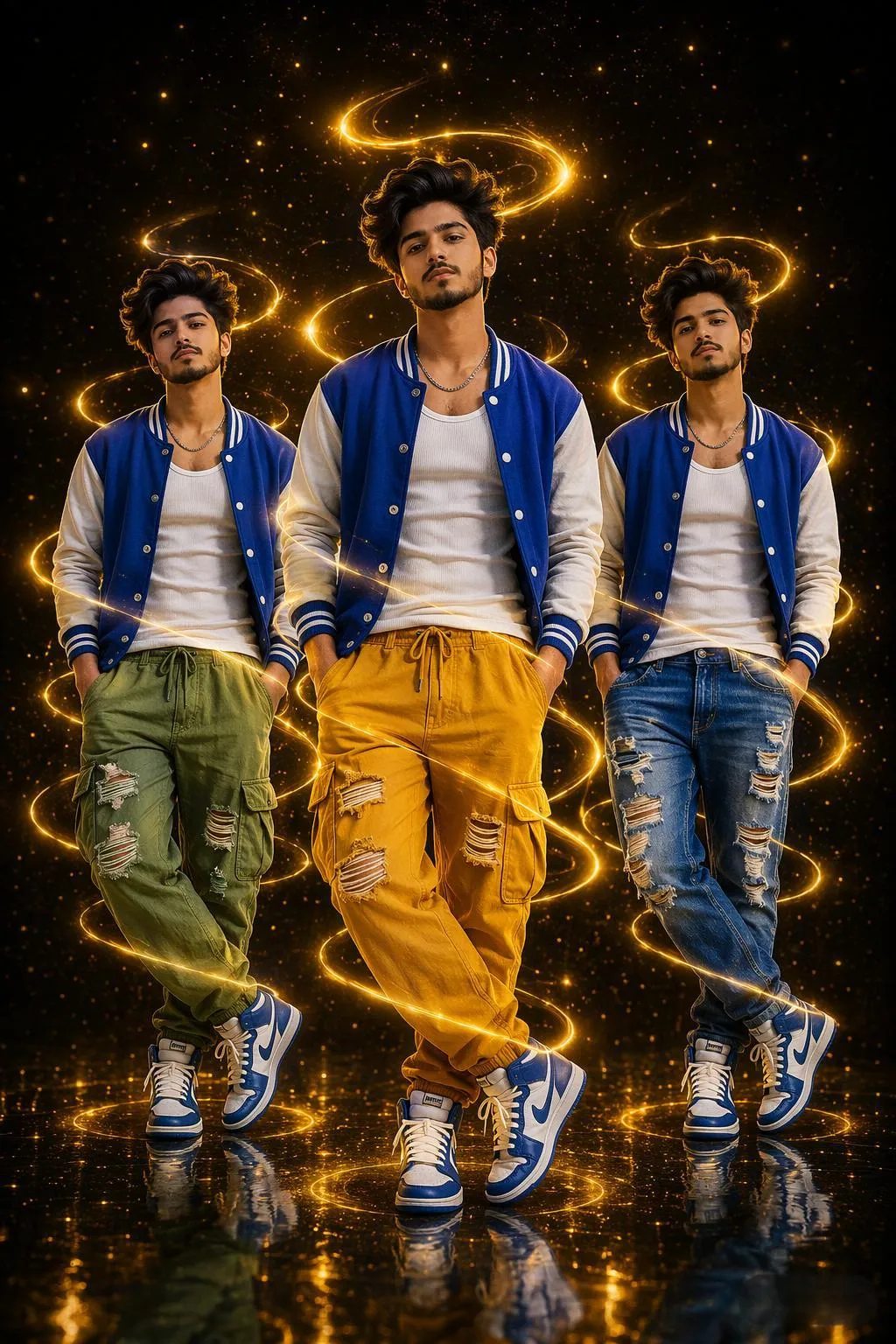 Three Men In Varsity Jackets And Cargo Pants