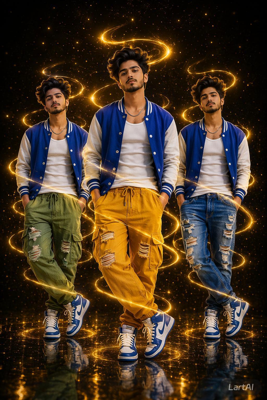 Three Men In Varsity Jackets And Cargo Pants