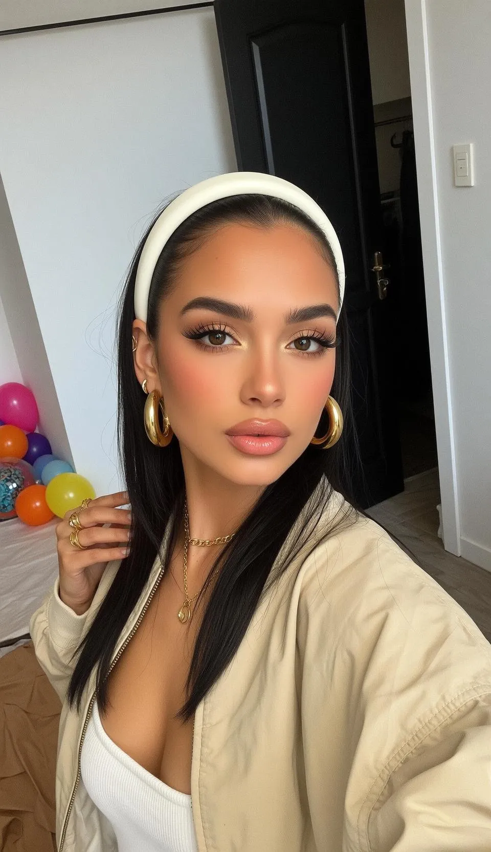 Cream Headband Bomber Tank Portrait