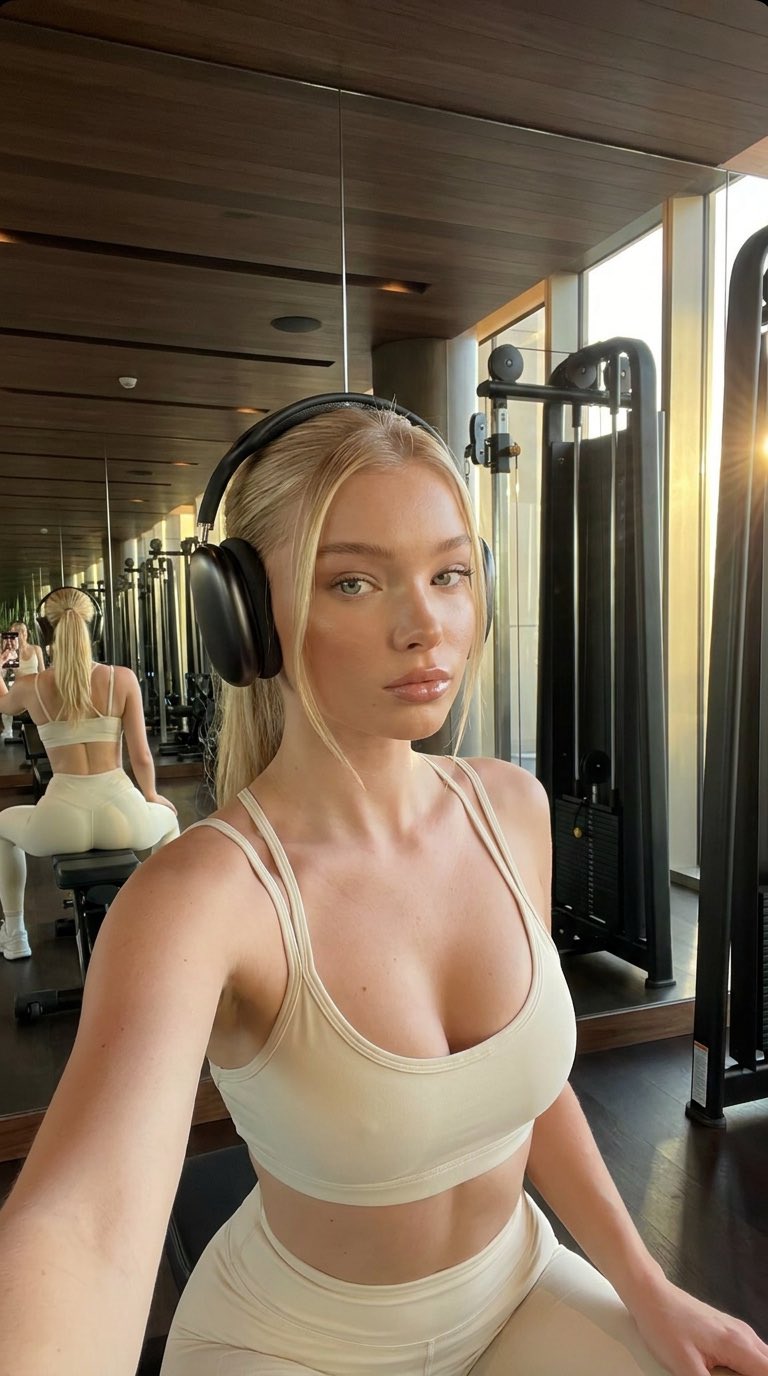 Selfie Style Captures In Gym Wears Beige Sports