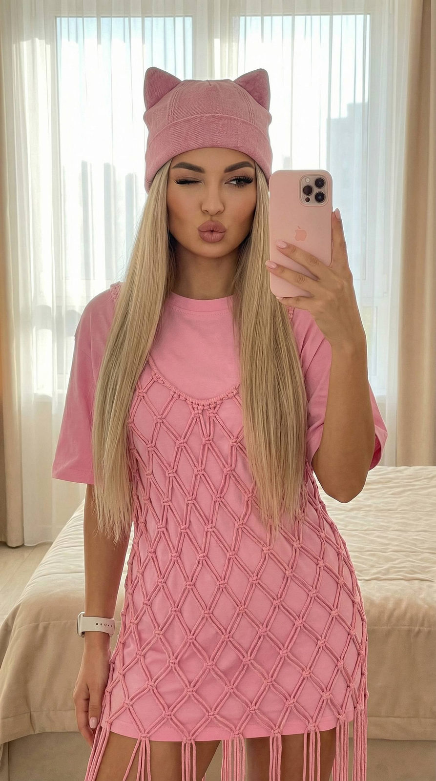 A girl taking a mirror selfie in a pink bedroom, wearing a pink T-shirt and a cat ear beanie.