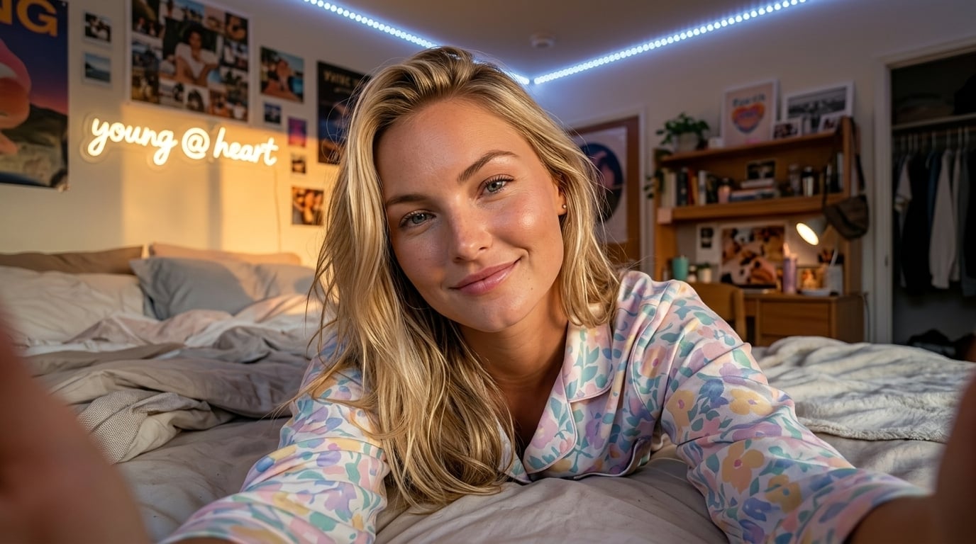 Pastel Pajamas Floral Pattern College Dorm Selfie