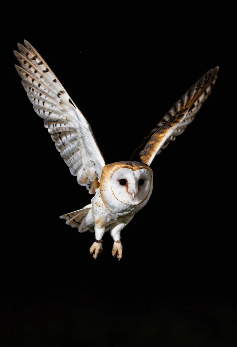 Majestic Barn Owl Captured Mid-flight Against Pitch-black Background Subject Large