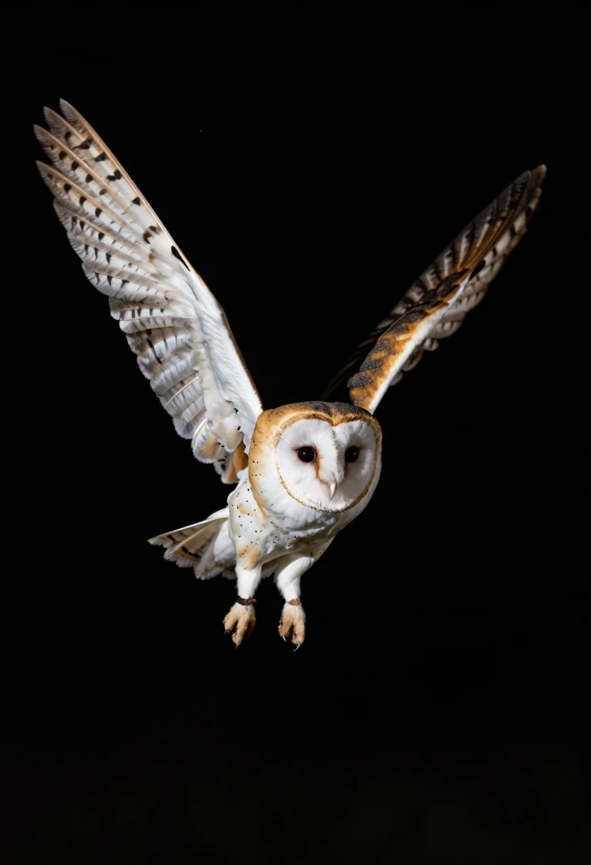 Majestic Barn Owl Captured Mid-flight Against Pitch-black Background Subject Large