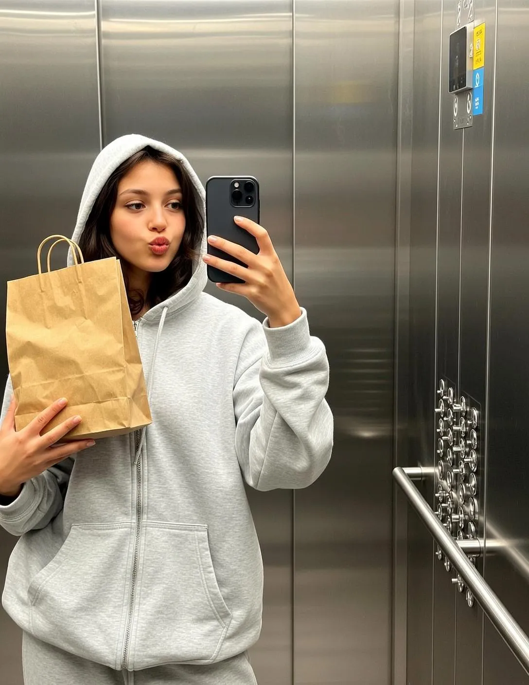Elevator Selfie Grey Hoodie Barefoot