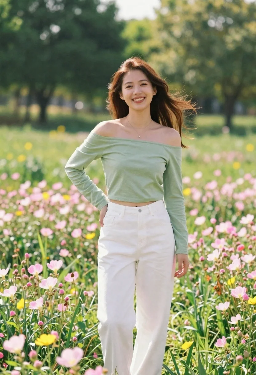 Smiling Woman Stands Sunlit Meadow With Pink Wildflowers Her Feet reference photo