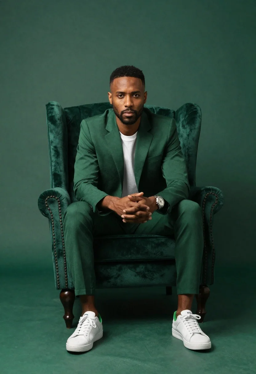 High-end Studio Portrait Confident Man Seated Emerald Green Wingback Armchair reference photo