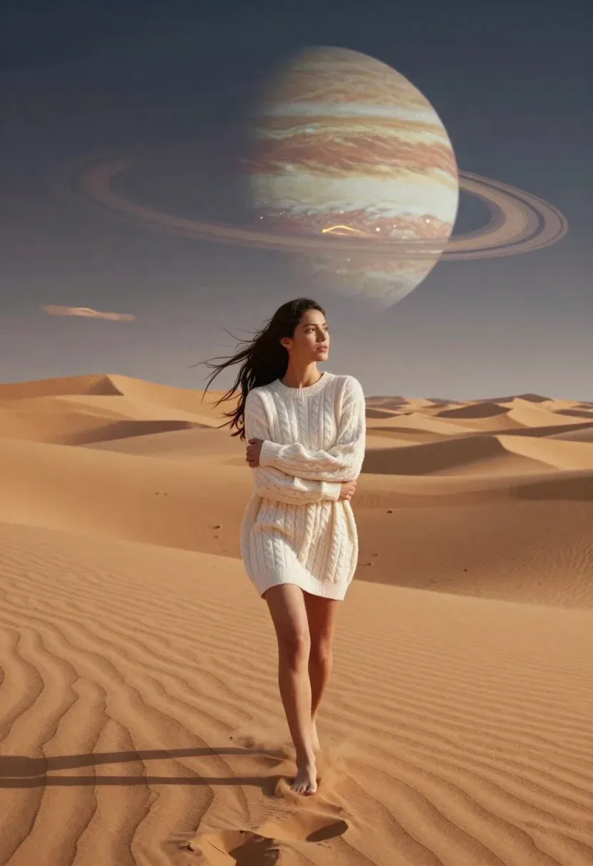 Cinematic Wide Shot Woman Walking Barefoot Across Vast Desert Dunes