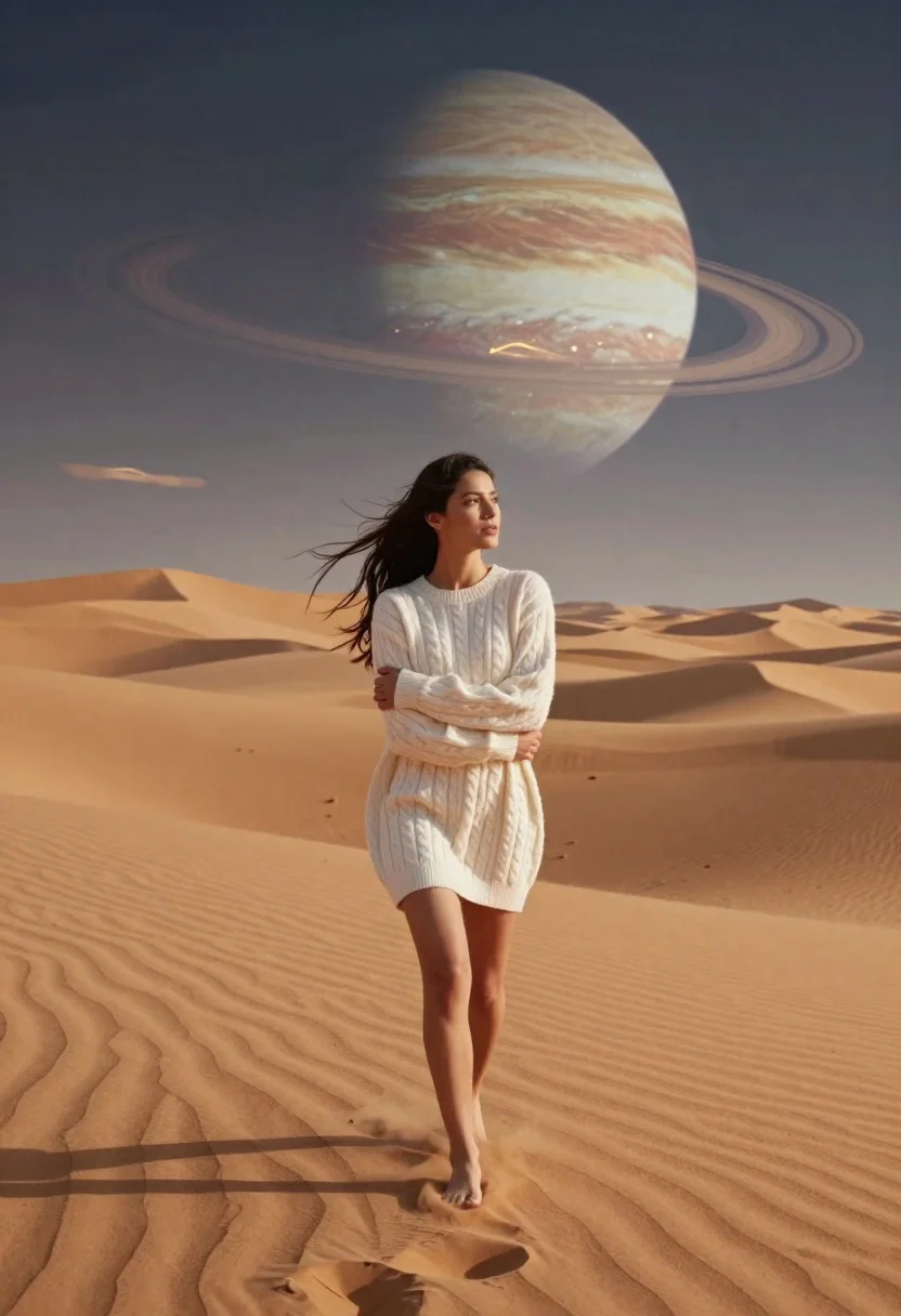 Cinematic Wide Shot Woman Walking Barefoot Across Vast Desert Dunes reference photo