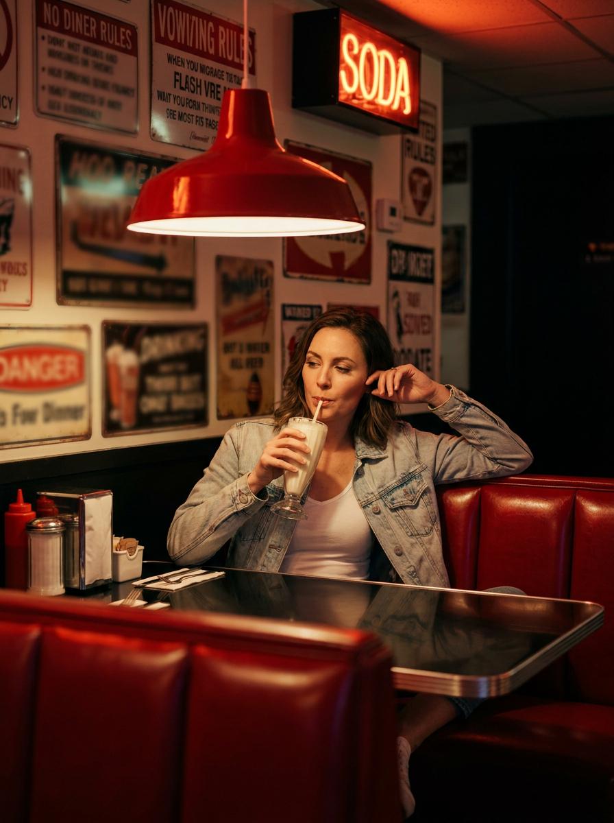 Retro Diner Booth Woman Drinking Vanilla Milkshake At Night