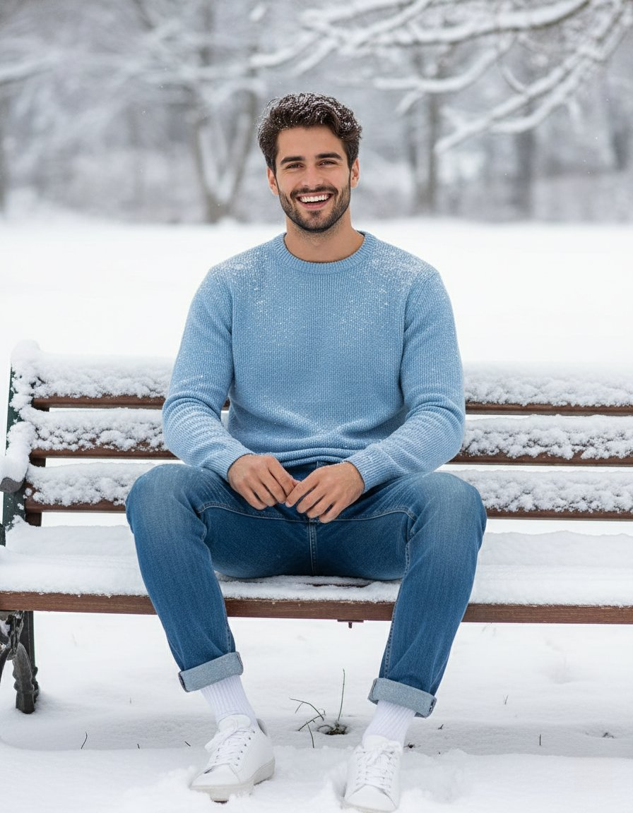Close-up of a young man with wavy dark hair smiling on a snow-covered bench, wearing a light blue sweater.