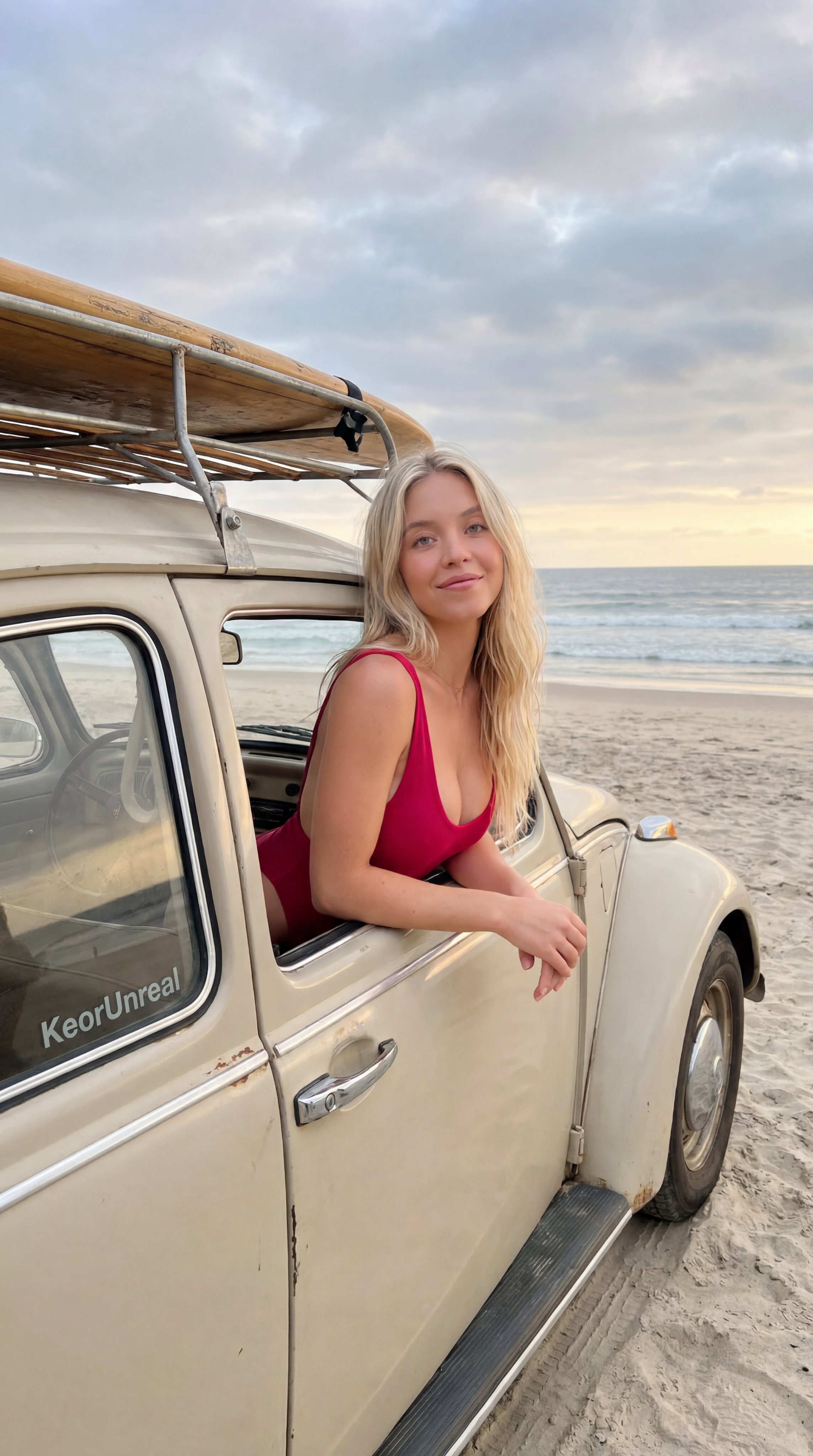 Beach Volkswagen Beetle Surfboard Pose
