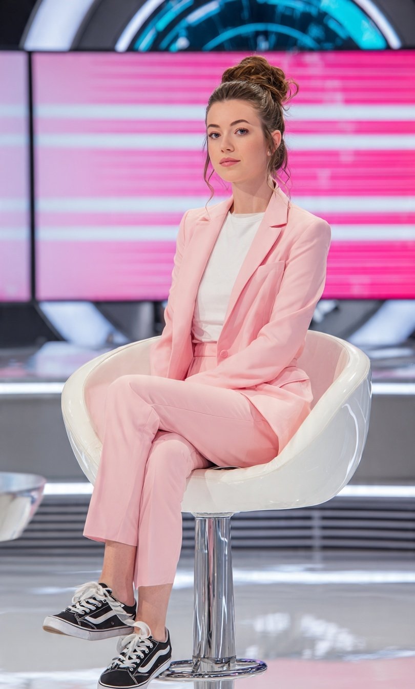 Young Western woman seated in a pink blazer at a sleek television studio, eyeing the camera with a calm expression.