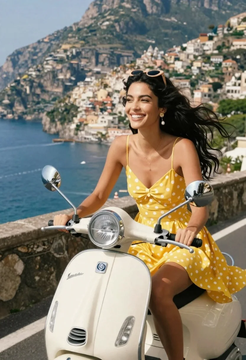 Joyful Woman With Long Dark Hair Riding Cream-colored Vespa Scooter