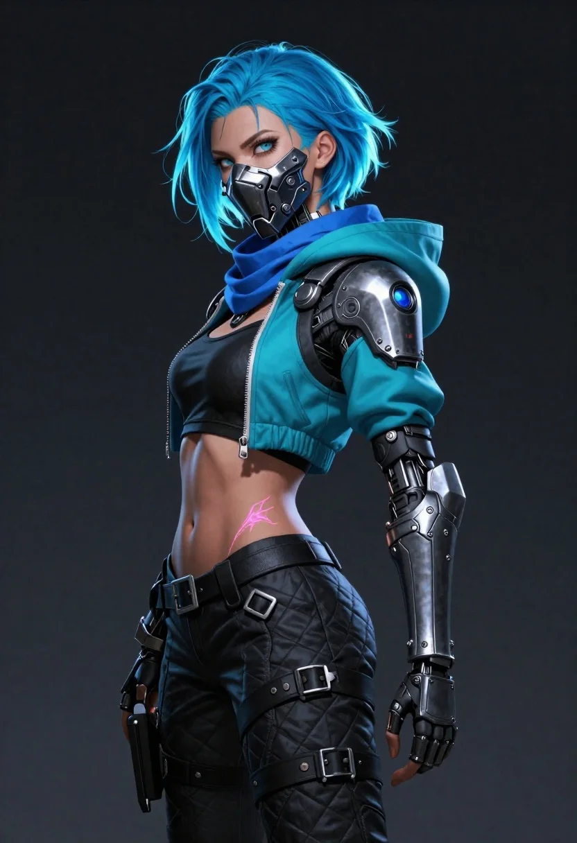 Detailed Digital Illustration Blue-haired Female Cyborg Warrior Against Dark Background reference photo