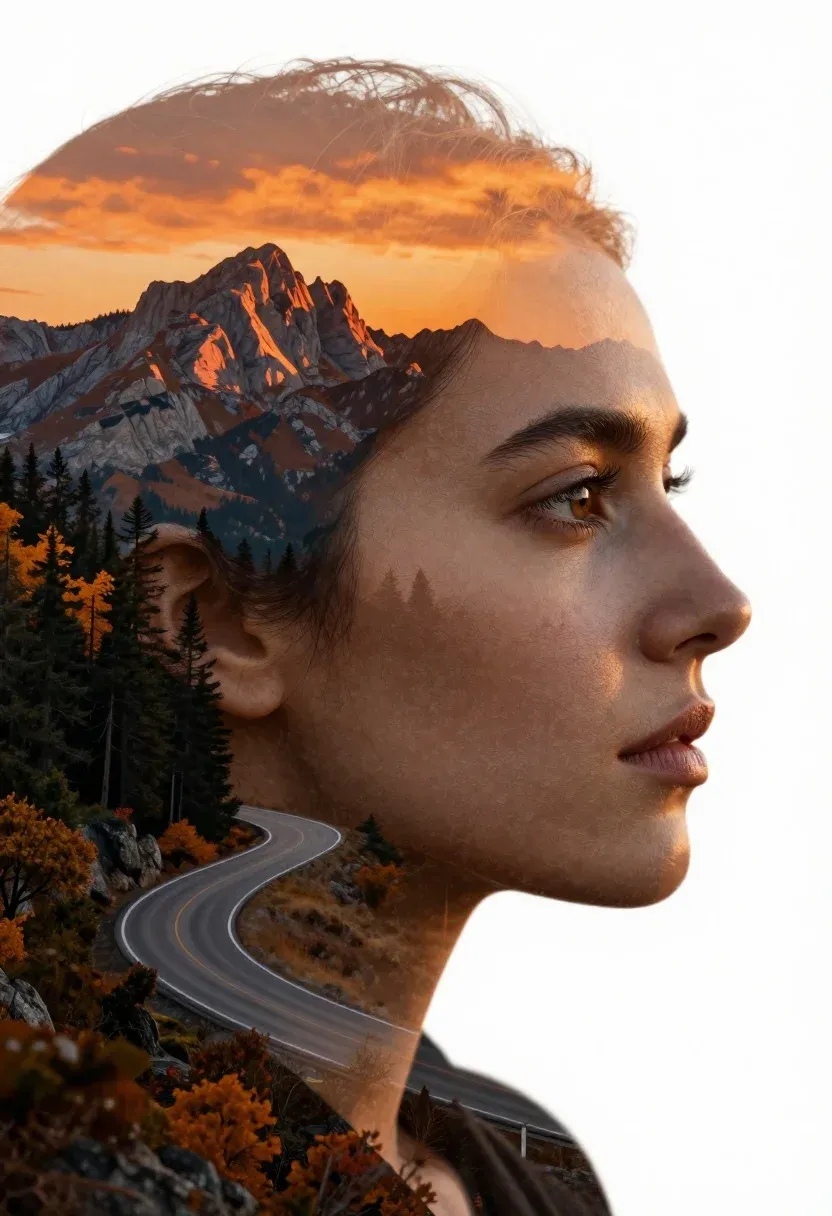 Double Exposure Photograph Profile Silhouette Woman With Sharp Facial Features