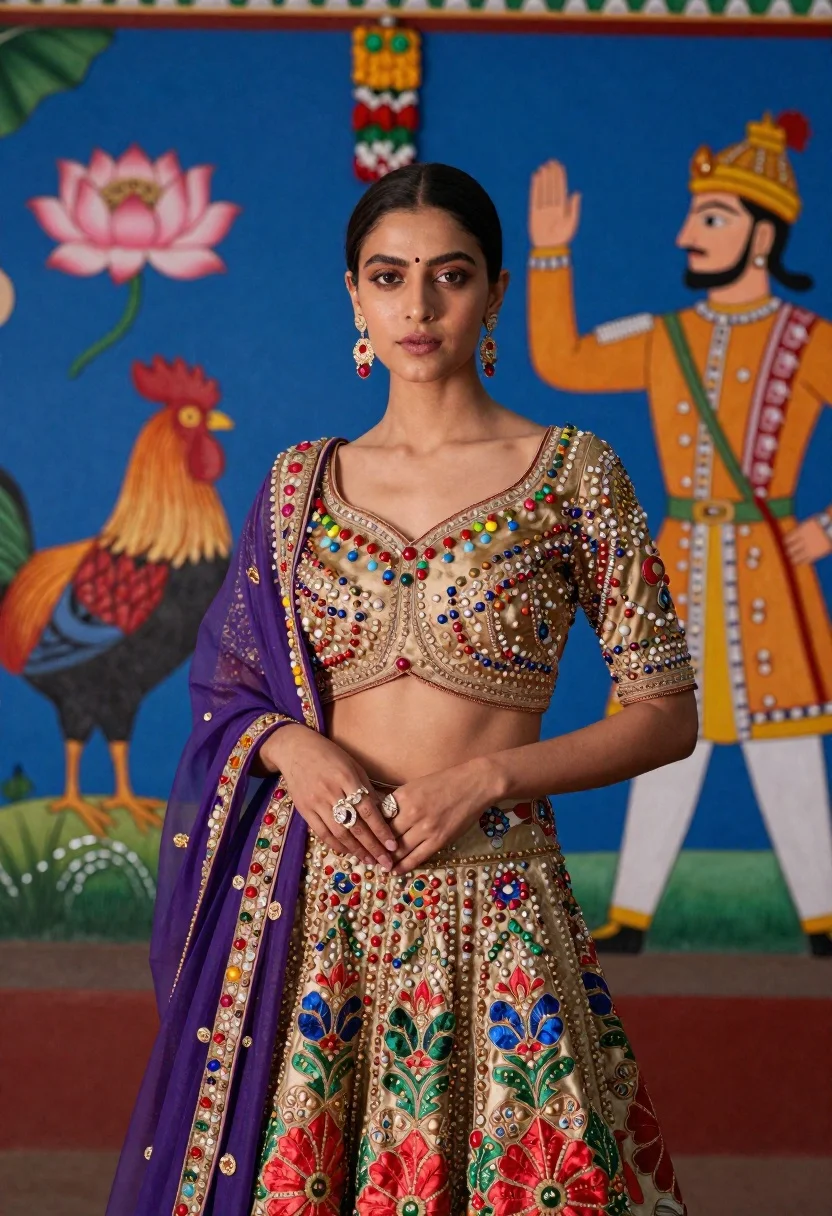 Young Woman Stands Confidently Vibrant Culturally Rich Setting Adorned With reference photo