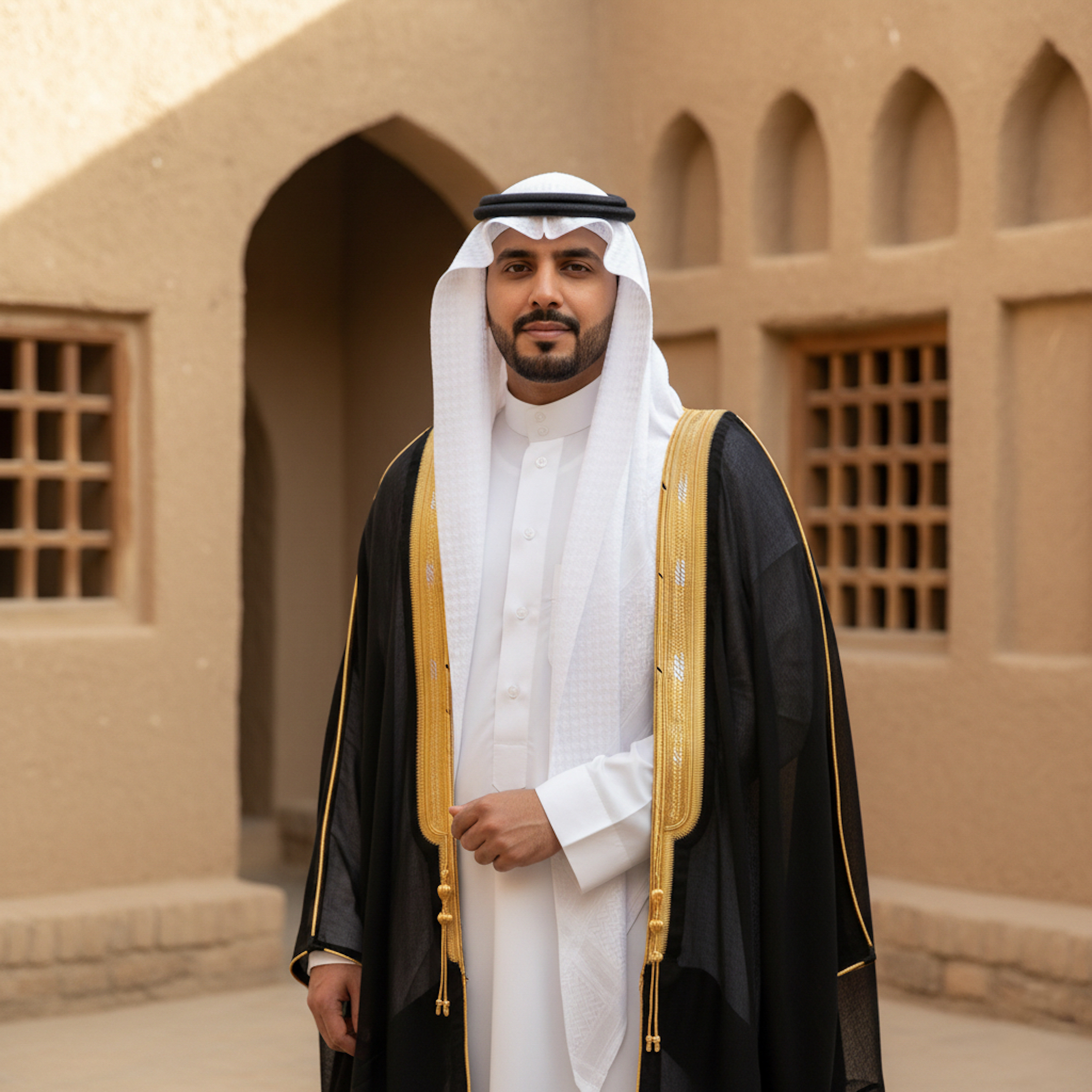 Proud Najdi man in a white thobe and gold-embroidered black bisht, standing in a traditional Diriyah setting with warm lighting.