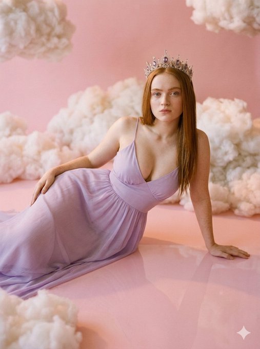 A person reclines gracefully on a glossy pink floor wearing a flowing lavender gown with a silver tiara and surrounded by soft white clouds.
