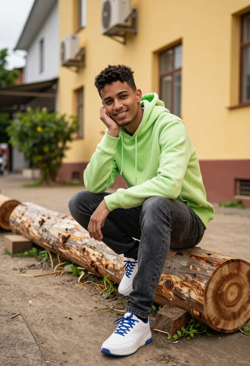 Young Man Sits Casually Large Wooden Log Outdoor Urban Setting