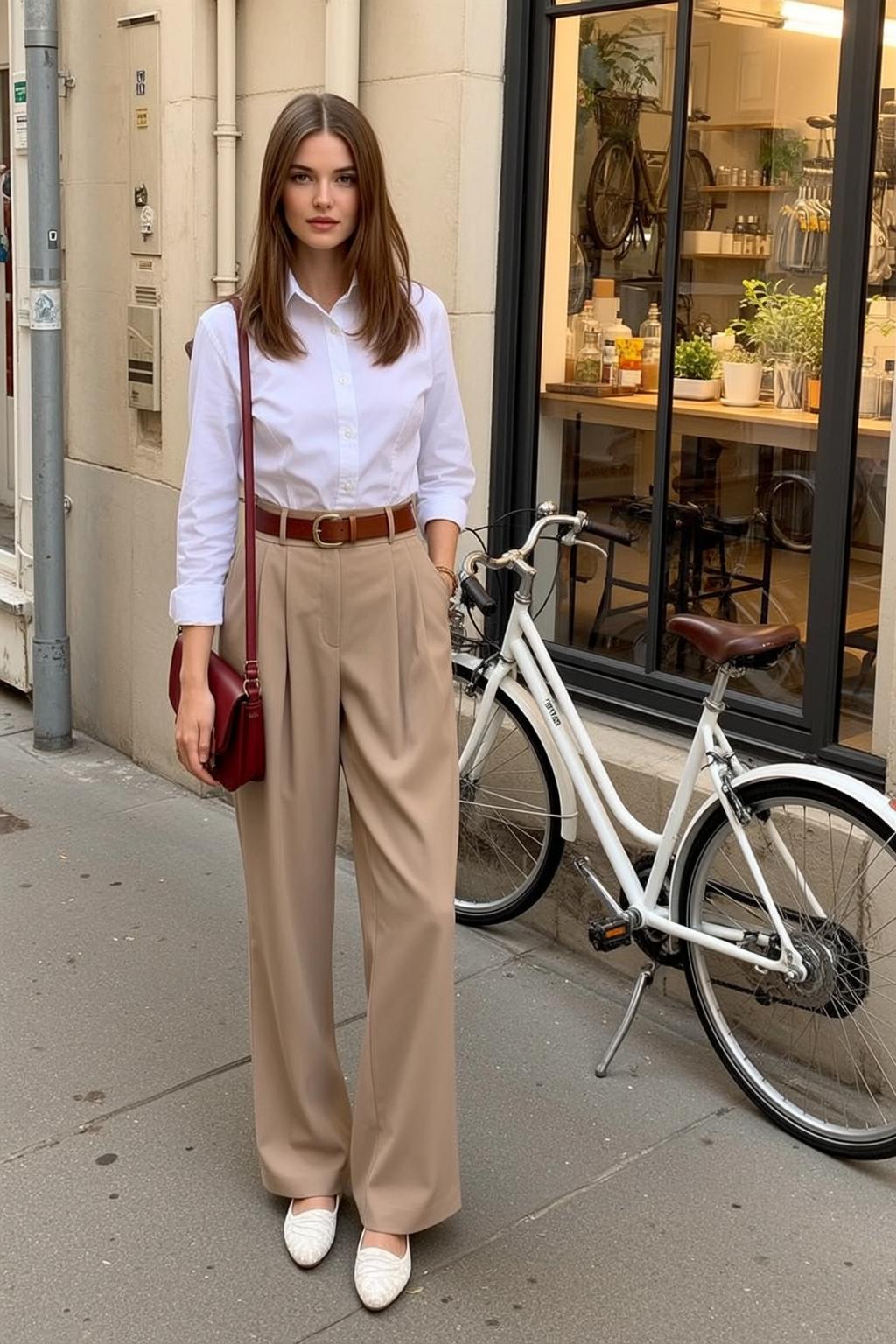 White Shirt Tan Trousers Red Bag Street