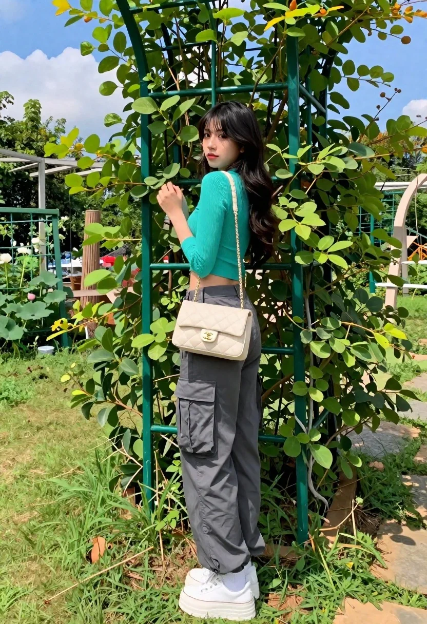 Young Woman Stands Lush Garden Posing Against Green Metal Trellis reference photo