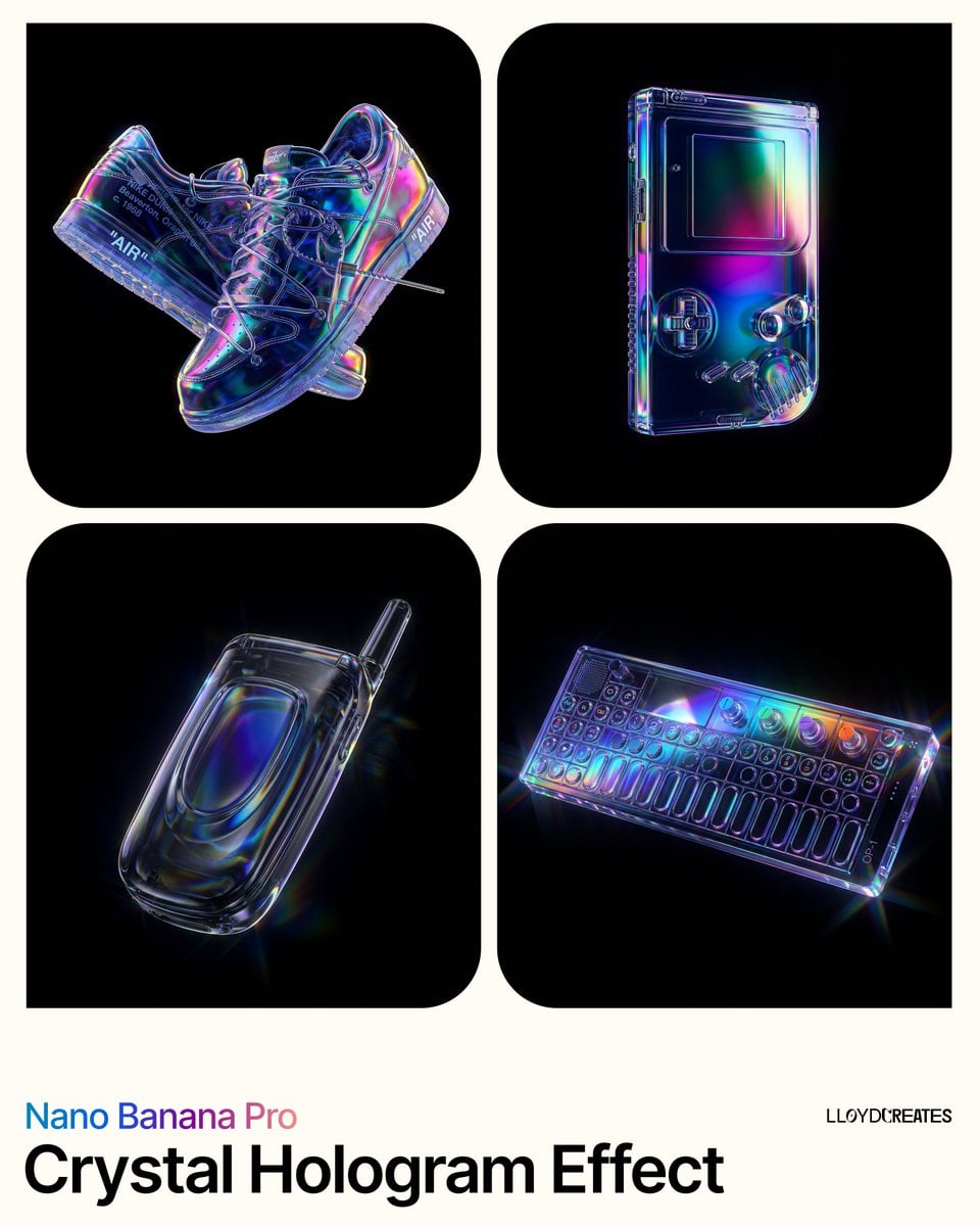 A holographic product levitating against a solid black background, showcasing vivid neon oil-slick gradients and sharp reflections.