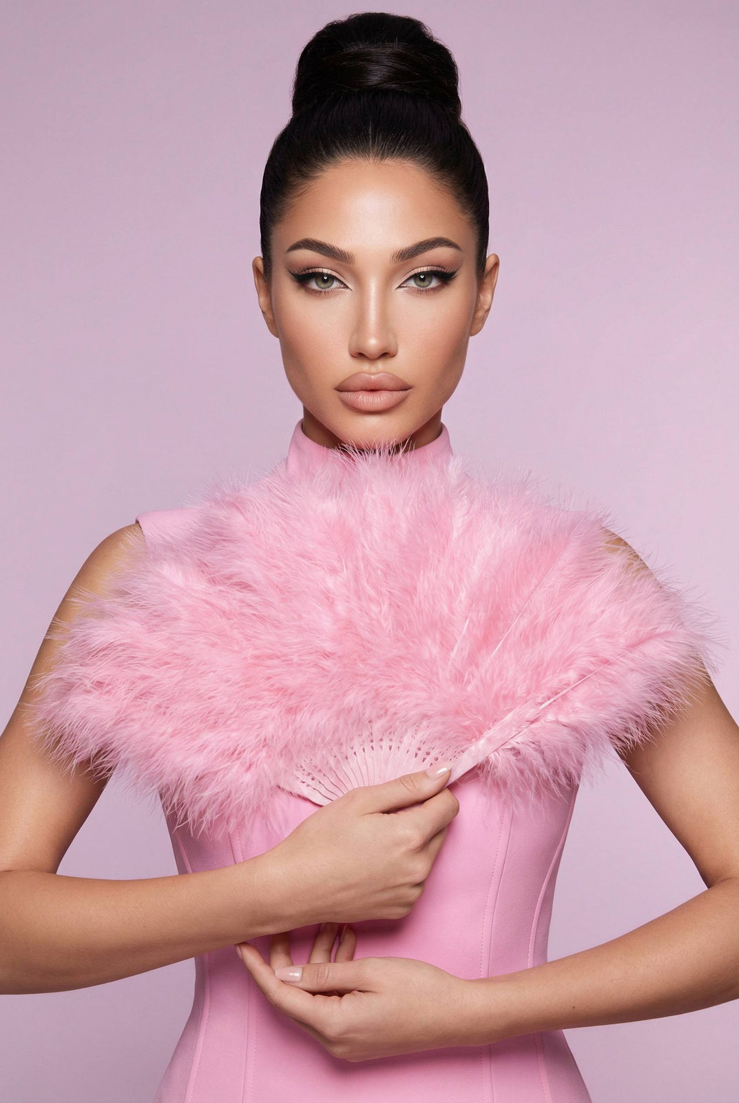 A model with a sleek updo wears a pink minimalist dress, holding a large fluffy pink feather fan against a soft lavender background.